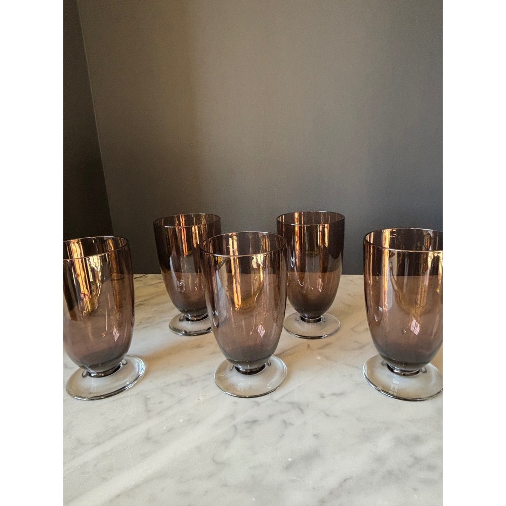 Vintage Smoky Amethyst Glass Footed Tumblers Set of 5 Brown Tawny Water Glasses